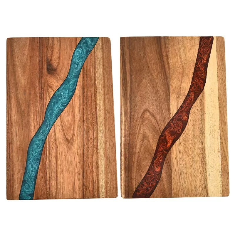 Planche à Découper et Plateau de Service – Bois d’Acacia & Résine Époxy Vagues Océaniques (31 x 20,5 cm)