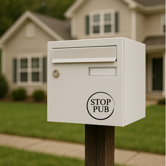 Sticker Stop Pub Rond Élégant • Autocollant Boîte aux Lettres • Design Minimaliste • 6x6, 8x8 ou 10x10 cm • Noir ou Blanc Brillant