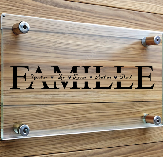 Sticker Mural FAMILLE Personnalisé – 55×8,7 cm – Jusqu’à 5 Prénoms avec Cœurs ou Points – Décoration Murale Vinyle – Noir/Blanc/Or/Argent – Salon, Entrée, Mariage