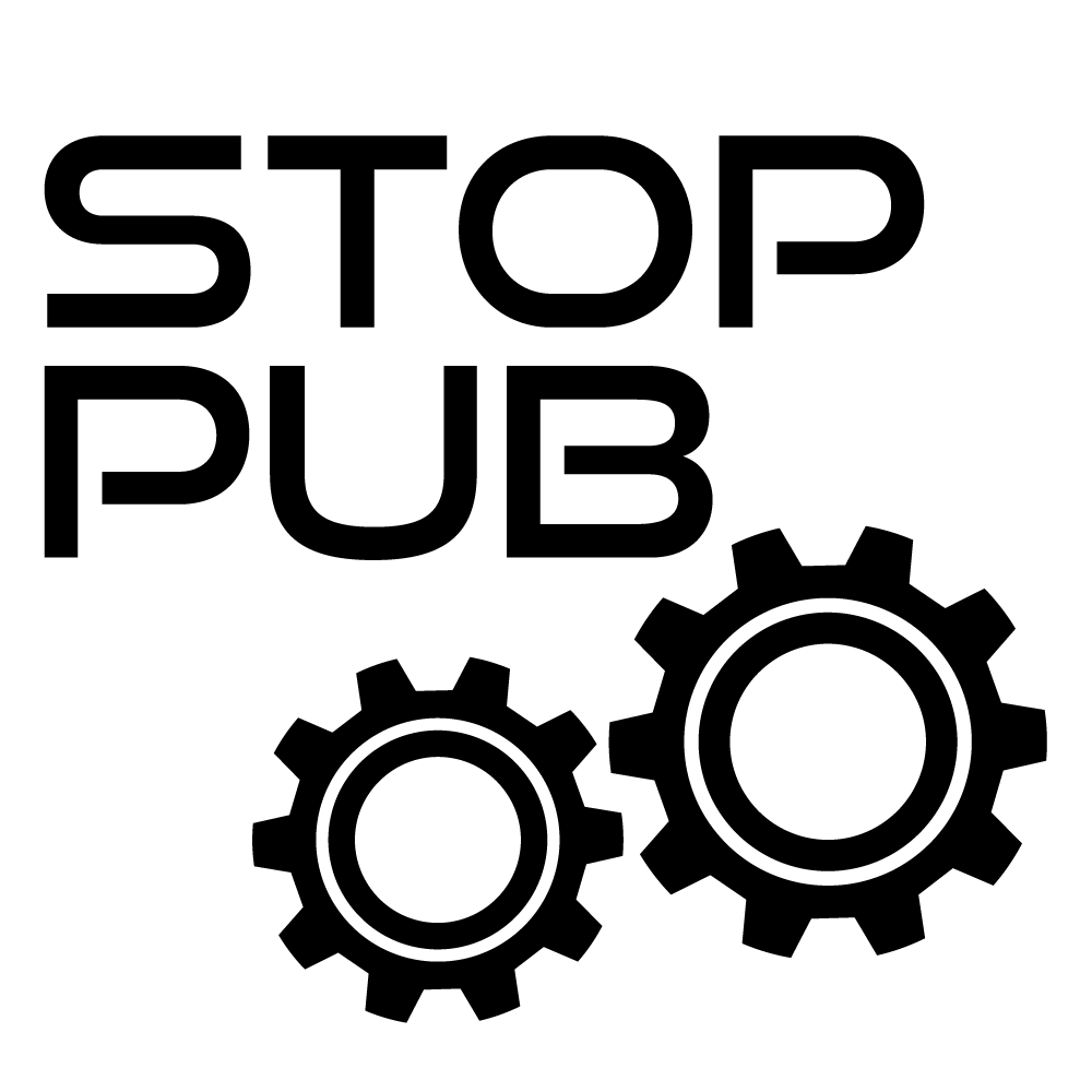 Sticker Stop Pub • Autocollant Boîte aux Lettres • Design Informatique avec Engrenages • 6x6, 8x8, 10x10 cm • Noir ou Blanc Brillant