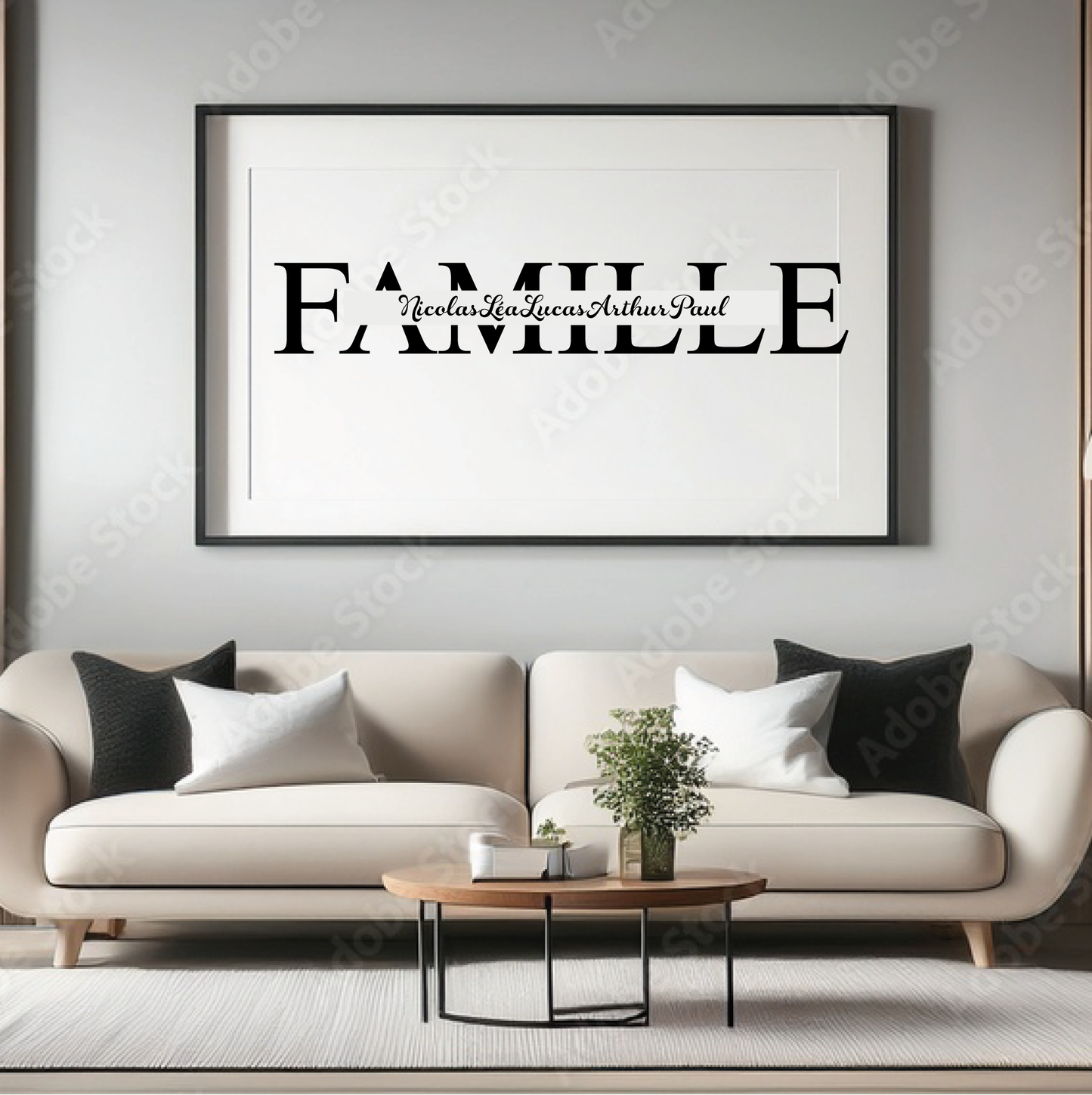 Sticker Mural FAMILLE Personnalisé – 55×8,7 cm – Jusqu’à 5 Prénoms avec Cœurs ou Points – Décoration Murale Vinyle – Noir/Blanc/Or/Argent – Salon, Entrée, Mariage