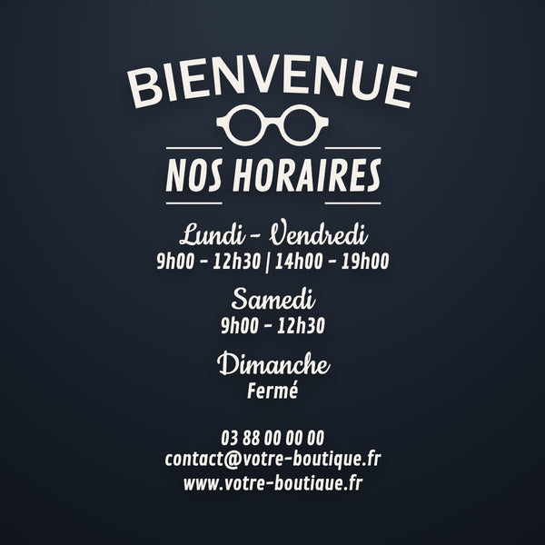 Sticker horaires Bienvenue avec picto métier, jours groupés et coordonnées, vinyle blanc
