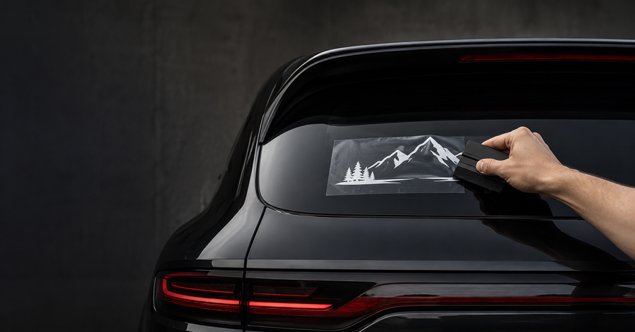 Pose d'un sticker personnalisé sur la carrosserie d'une voiture sombre premium — raclette et film de transfert Lenidesign