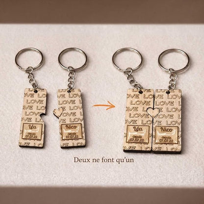 Porte-clés Couple Personnalisé en Bois – Duo Amoureux à Cœur Assemblé – Prénoms & Date Gravés – Cadeau Saint-Valentin, Anniversaire, Mariage – Design