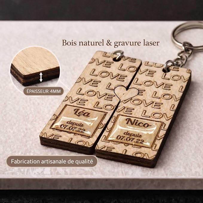 Porte-clés Couple Personnalisé en Bois – Duo Amoureux à Cœur Assemblé – Prénoms & Date Gravés – Cadeau Saint-Valentin, Anniversaire, Mariage – Design