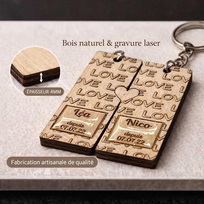 Porte-clés Couple Personnalisé en Bois – Duo Amoureux à Cœur Assemblé – Prénoms & Date Gravés – Cadeau Saint-Valentin, Anniversaire, Mariage – Design