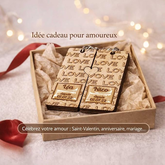 Porte-clés Couple Personnalisé en Bois – Duo Amoureux à Cœur Assemblé – Prénoms & Date Gravés – Cadeau Saint-Valentin, Anniversaire, Mariage – Design