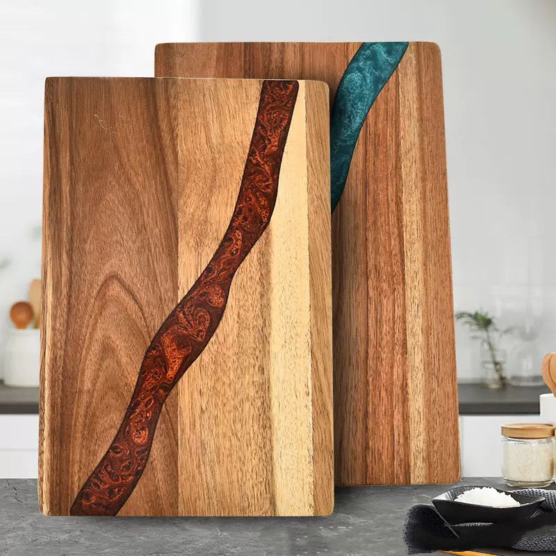 Planche à Découper et Plateau de Service – Bois d’Acacia & Résine Époxy Vagues Océaniques (31 x 20,5 cm)
