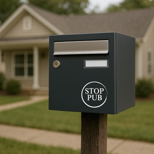 Sticker Stop Pub Rond Élégant • Autocollant Boîte aux Lettres • Design Minimaliste • 6x6, 8x8 ou 10x10 cm • Noir ou Blanc Brillant