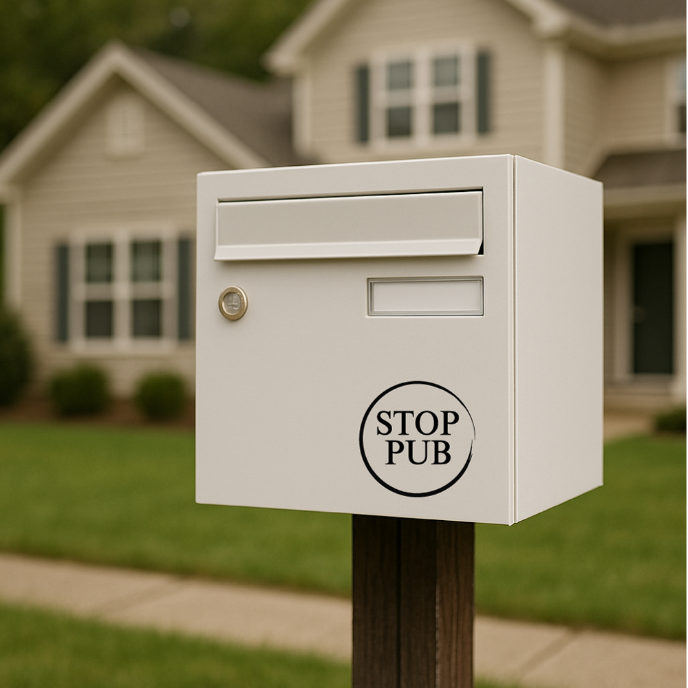 Sticker Stop Pub Rond Élégant • Autocollant Boîte aux Lettres • Design Minimaliste • 6x6, 8x8 ou 10x10 cm • Noir ou Blanc Brillant