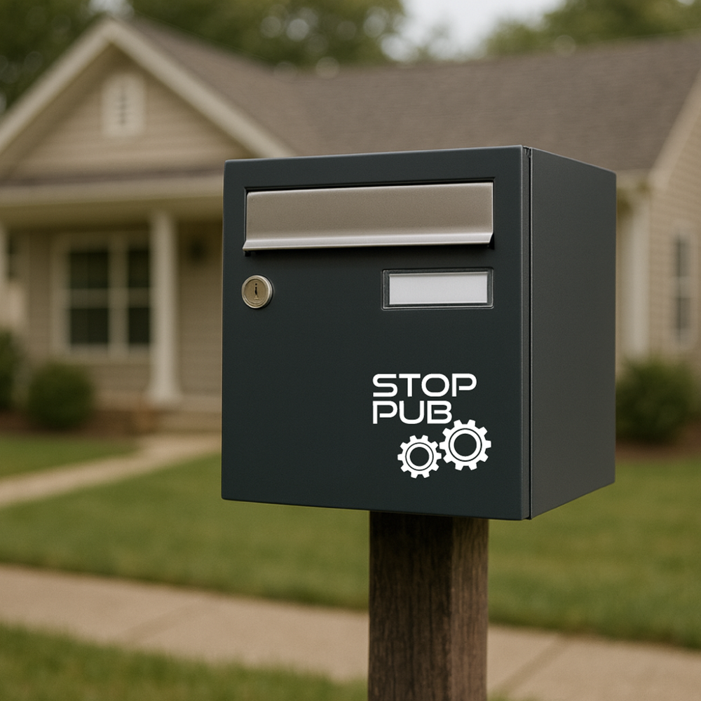 Sticker Stop Pub • Autocollant Boîte aux Lettres • Design Informatique avec Engrenages • 6x6, 8x8, 10x10 cm • Noir ou Blanc Brillant