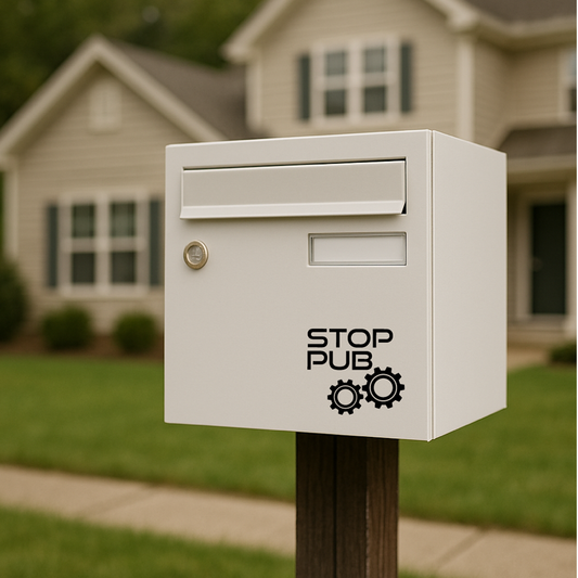 Sticker Stop Pub • Autocollant Boîte aux Lettres • Design Informatique avec Engrenages • 6x6, 8x8, 10x10 cm • Noir ou Blanc Brillant