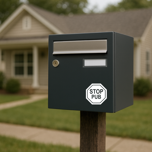 Sticker Stop Pub, sticker pour boîte aux lettres, Stop Pub Octogonal • Anti-Publicité • 6x6, 8x8, 10x10 cm • Noir ou Blanc Brillant