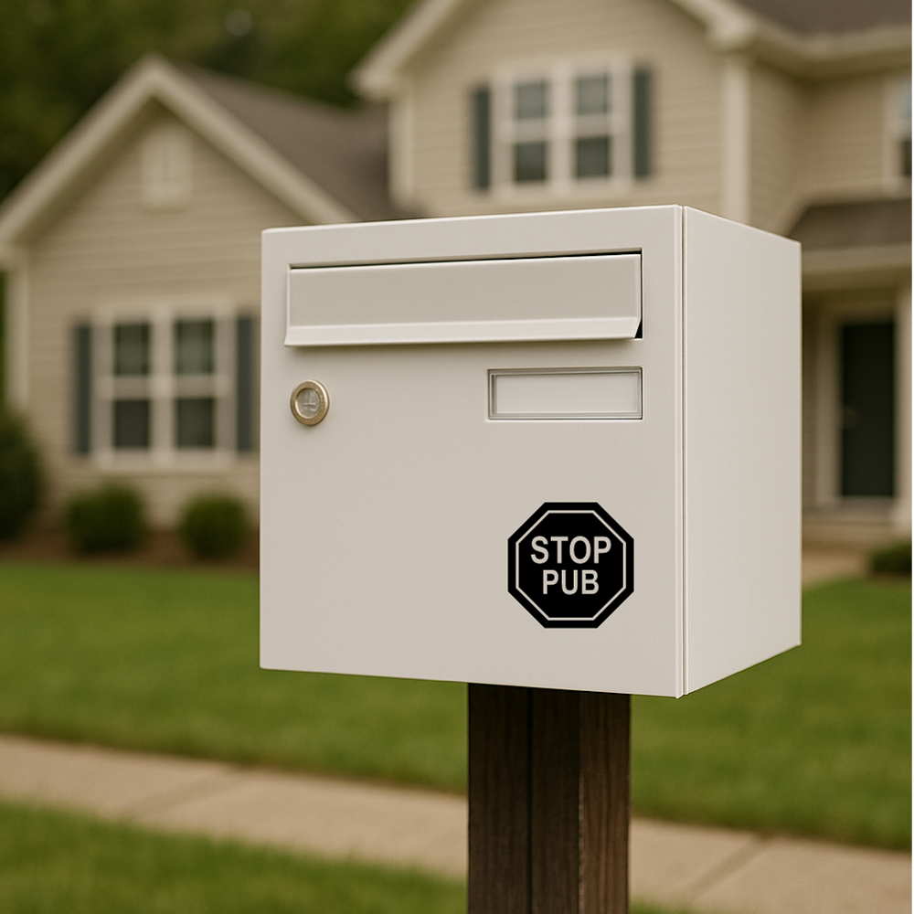 Sticker Stop Pub, sticker pour boîte aux lettres, Stop Pub Octogonal • Anti-Publicité • 6x6, 8x8, 10x10 cm • Noir ou Blanc Brillant