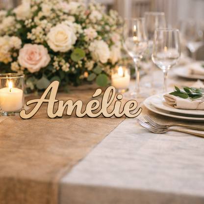 Marque-place personnalisé en bois – Prénom découpé au laser - Hauteur 3cm – Mariage, Baptême, Communion, Anniversaire – Bois de tilleul 4 mm – Fabrication artisanale en Alsace
