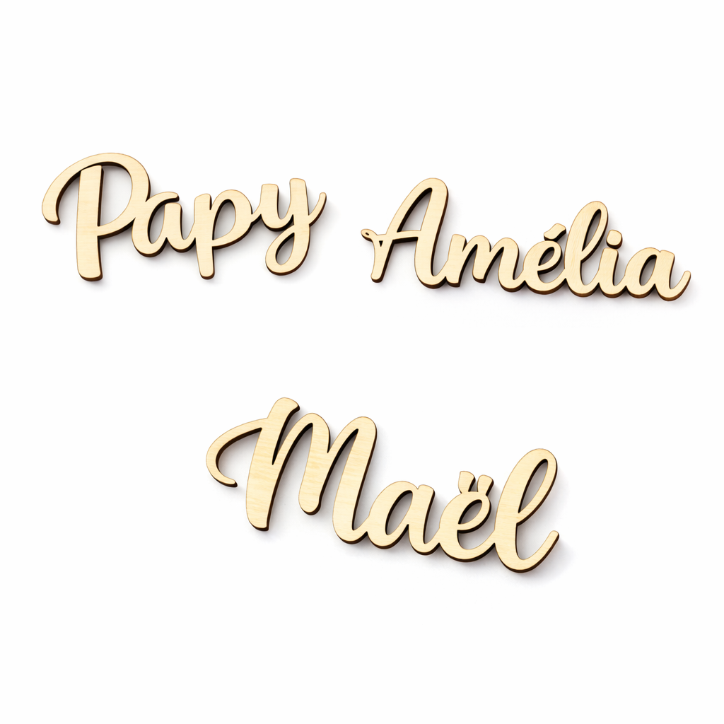 Marque-place personnalisé en bois – Prénom découpé au laser - Hauteur 3cm – Mariage, Baptême, Communion, Anniversaire – Bois de tilleul 4 mm – Fabrication artisanale en Alsace