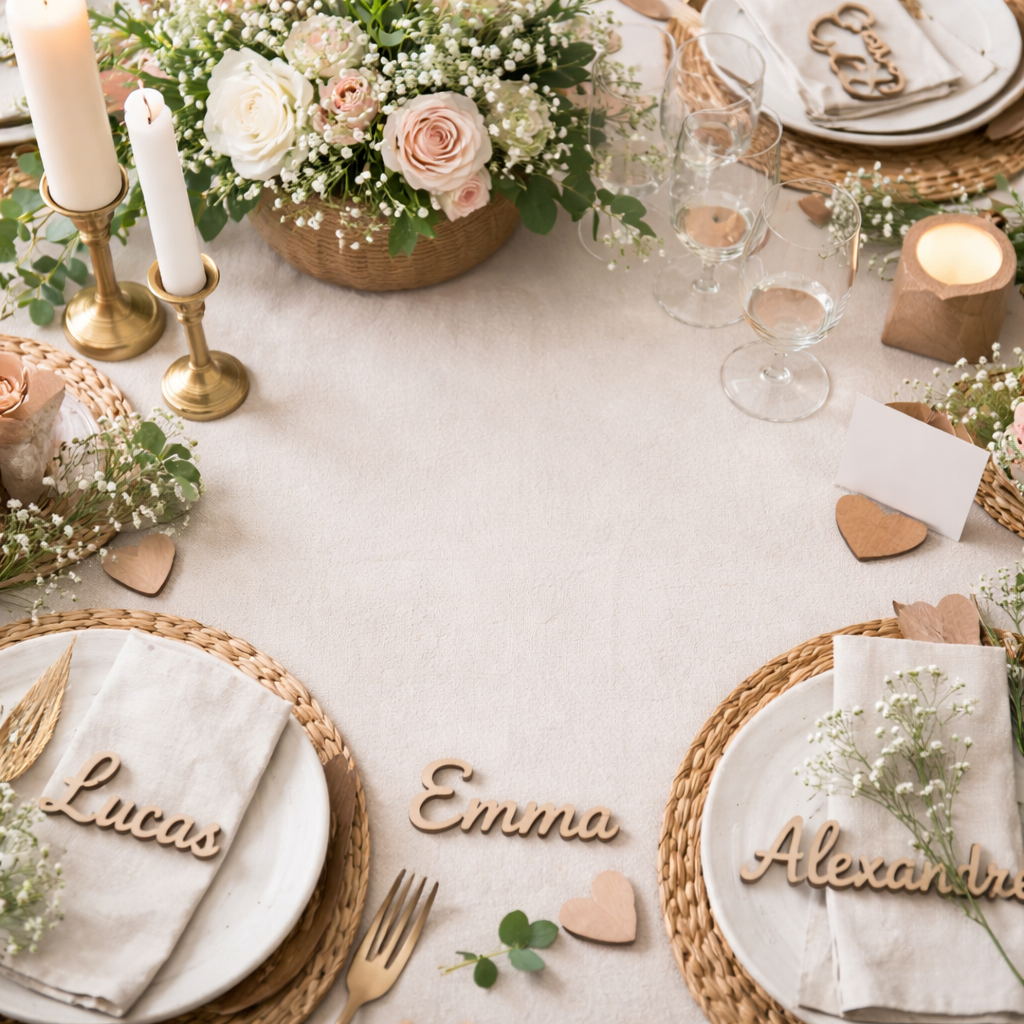 Marque-place personnalisé en bois – Prénom découpé au laser - Hauteur 3cm – Mariage, Baptême, Communion, Anniversaire – Bois de tilleul 4 mm – Fabrication artisanale en Alsace