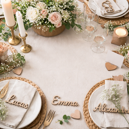 Marque-place personnalisé en bois – Prénom découpé au laser - Hauteur 3cm – Mariage, Baptême, Communion, Anniversaire – Bois de tilleul 4 mm – Fabrication artisanale en Alsace