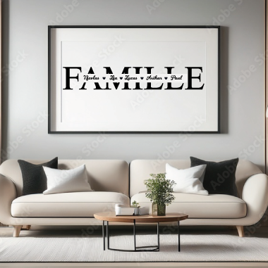 Sticker Mural FAMILLE Personnalisé – 55×8,7 cm – Jusqu’à 5 Prénoms avec Cœurs ou Points – Décoration Murale Vinyle – Noir/Blanc/Or/Argent – Salon, Entrée, Mariage
