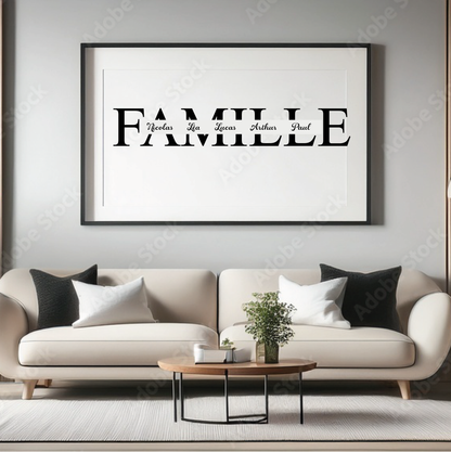 Sticker Mural FAMILLE Personnalisé – 55×8,7 cm – Jusqu’à 5 Prénoms avec Cœurs ou Points – Décoration Murale Vinyle – Noir/Blanc/Or/Argent – Salon, Entrée, Mariage