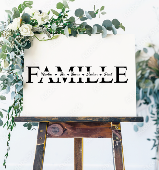Sticker Mural FAMILLE Personnalisé – 55×8,7 cm – Jusqu’à 5 Prénoms avec Cœurs ou Points – Décoration Murale Vinyle – Noir/Blanc/Or/Argent – Salon, Entrée, Mariage