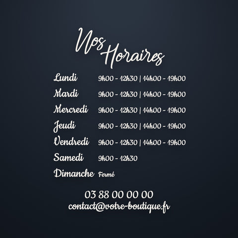 Sticker Nos Horaires en lettrage élégant, sept jours et coordonnées, vinyle blanc