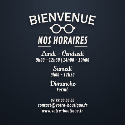 Sticker horaires Bienvenue avec picto métier, jours groupés et coordonnées, vinyle blanc