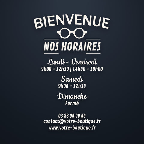 Sticker horaires Bienvenue avec picto métier, jours groupés et coordonnées, vinyle blanc