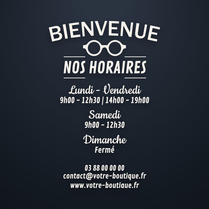 Sticker horaires Bienvenue avec picto métier, jours groupés et coordonnées, vinyle blanc
