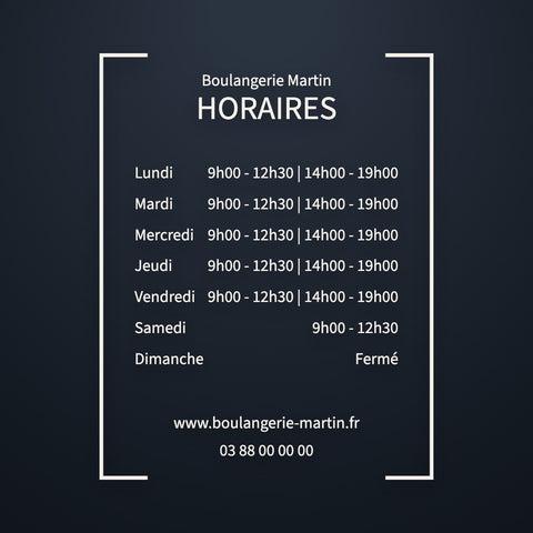 Sticker horaires tableau avec nom de boutique, sept jours alignés, vinyle blanc