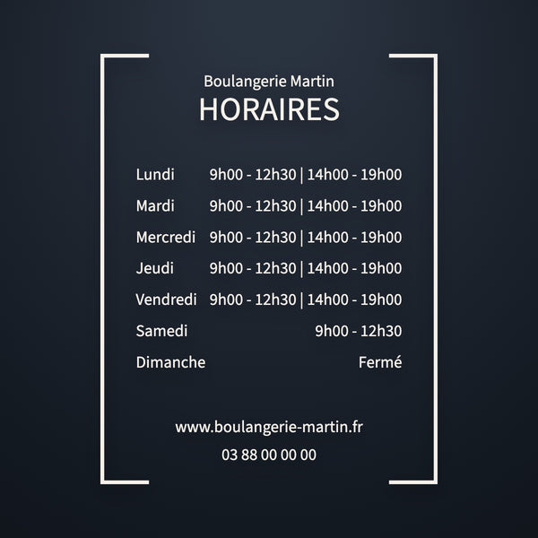 Sticker horaires tableau avec nom de boutique, sept jours alignés, vinyle blanc