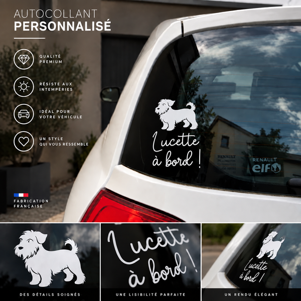 Sticker chien à bord personnalisé « Lucette à bord ! » posé sur la vitre arrière d'une voiture