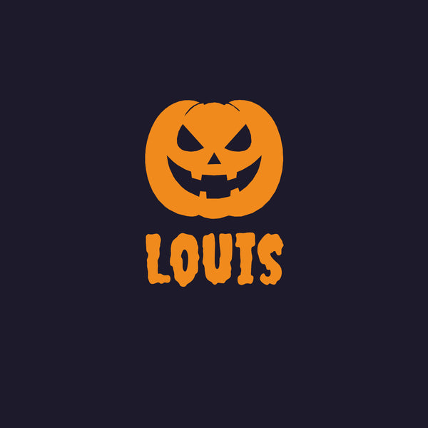 Sticker Halloween personnalisé : citrouille et prénom Louis en vinyle orange découpé, police Halloween