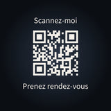 Sticker QR code personnalisé découpé, blanc sur fond sombre, avec les lignes Scannez-moi et Prenez rendez-vous
