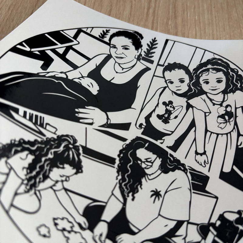 Illustration de famille découpée en adhésif noir, réalisation sur mesure